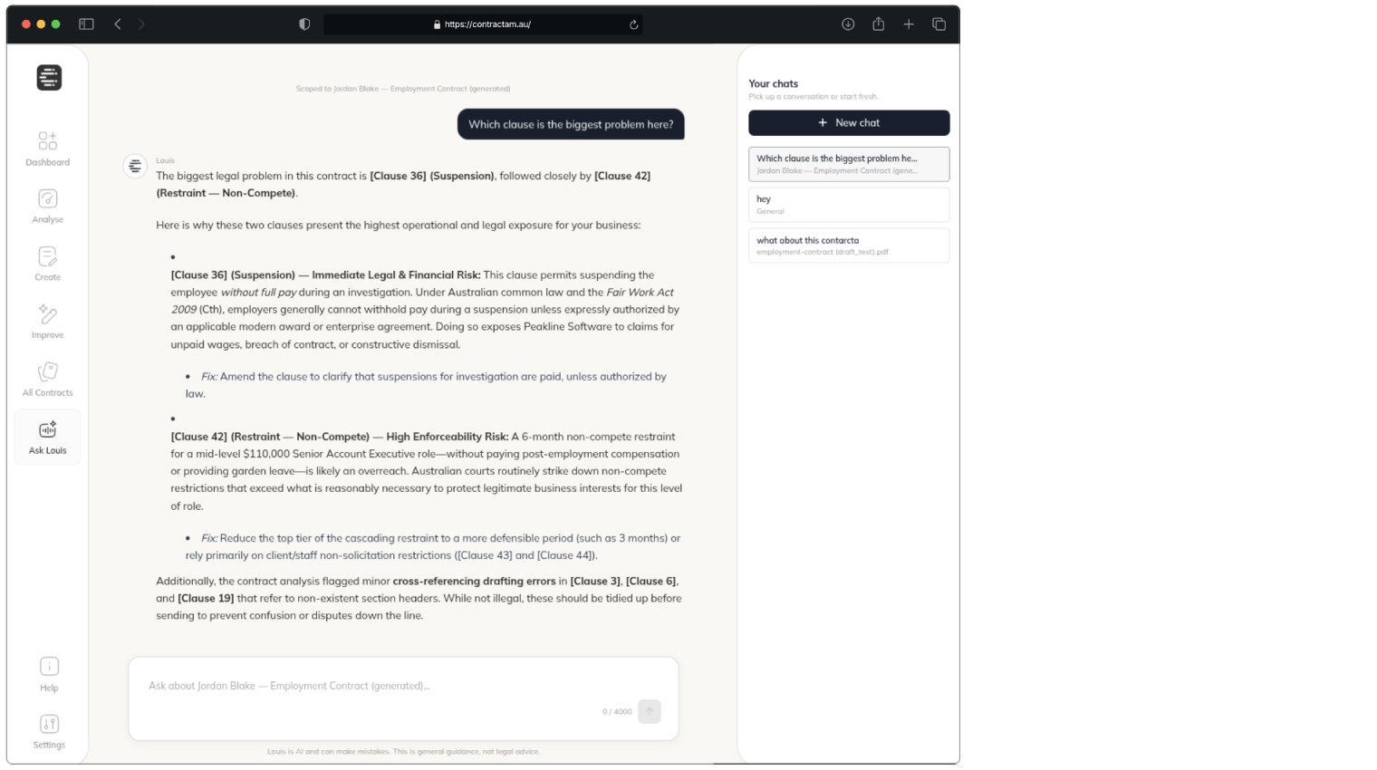 Louis AI assistant answering a question about a contract clause