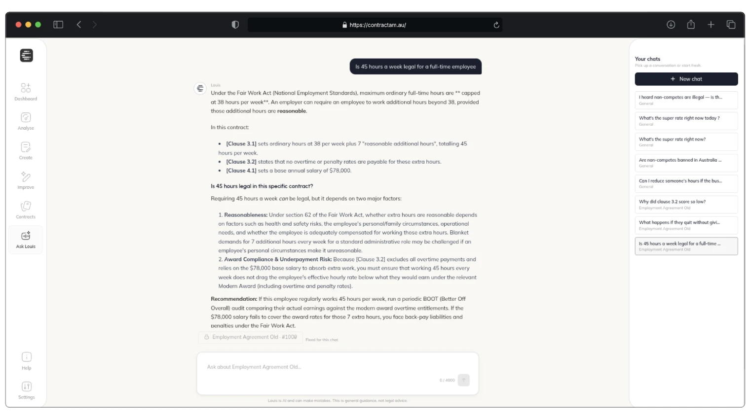 Louis AI answering a plain-English question about a contract clause