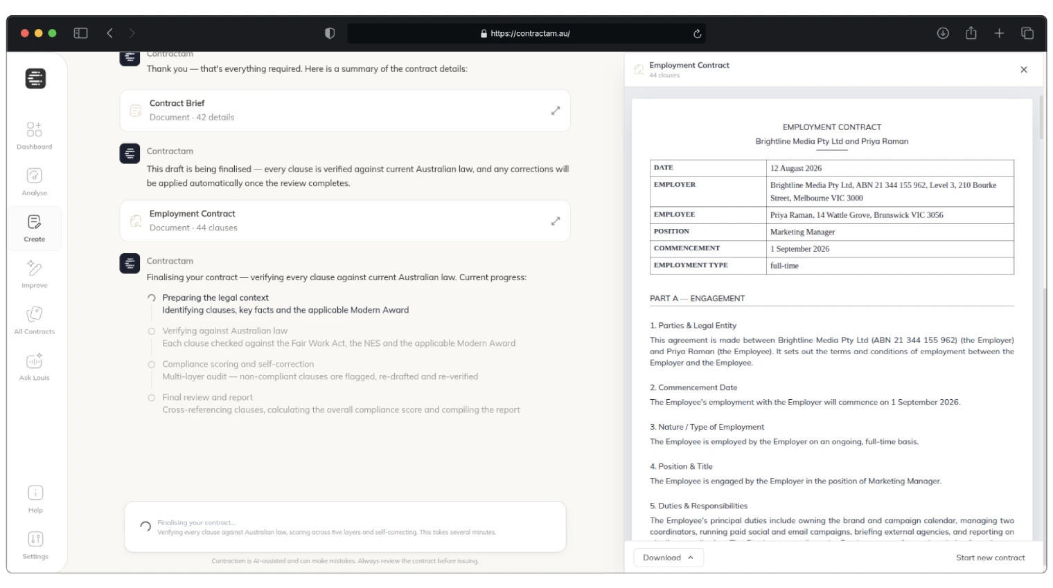 AI contract drafting - a business agreement built and verified against current Australian law