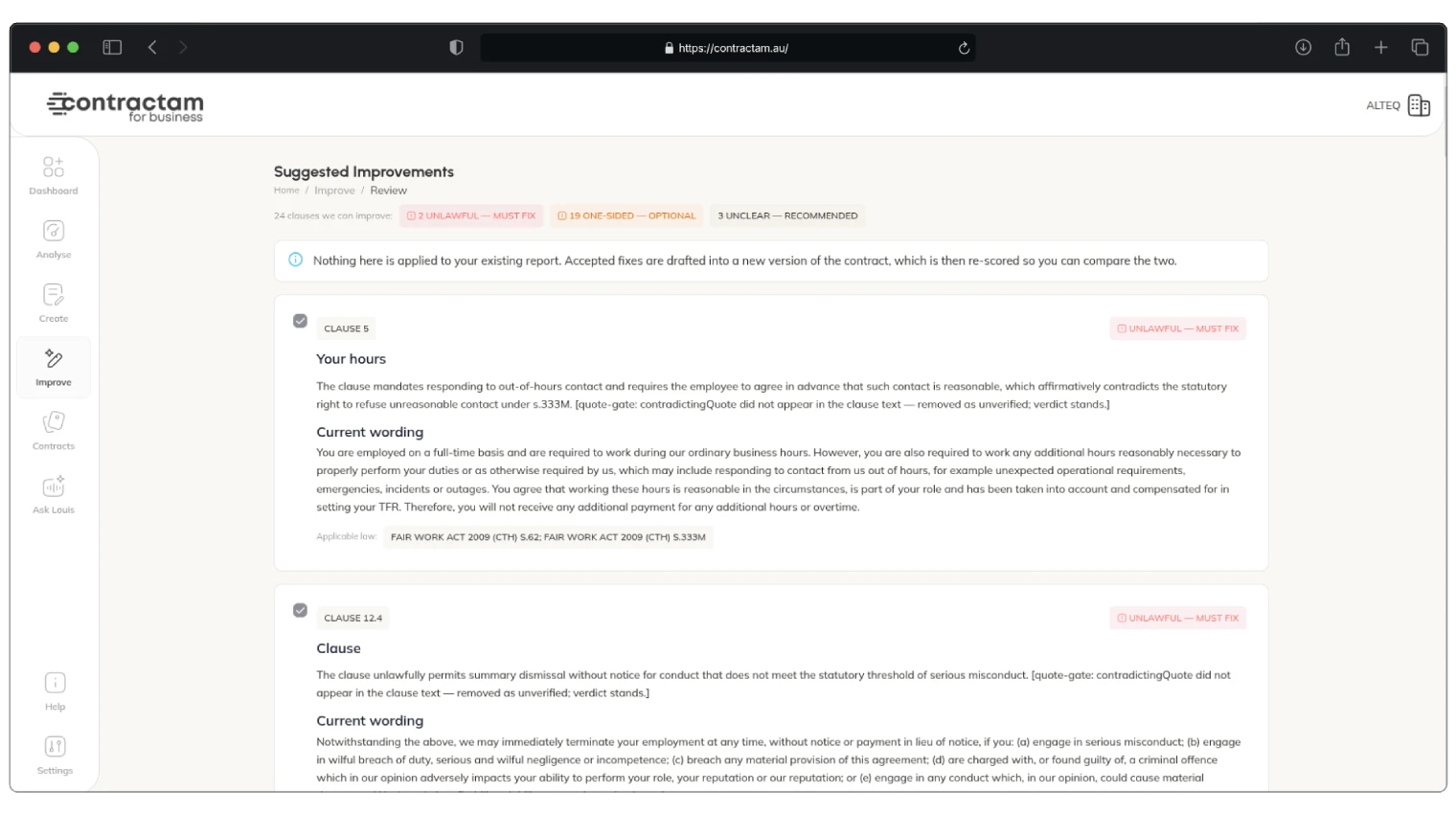 Contract optimisation - problem clauses flagged with suggested rewrites