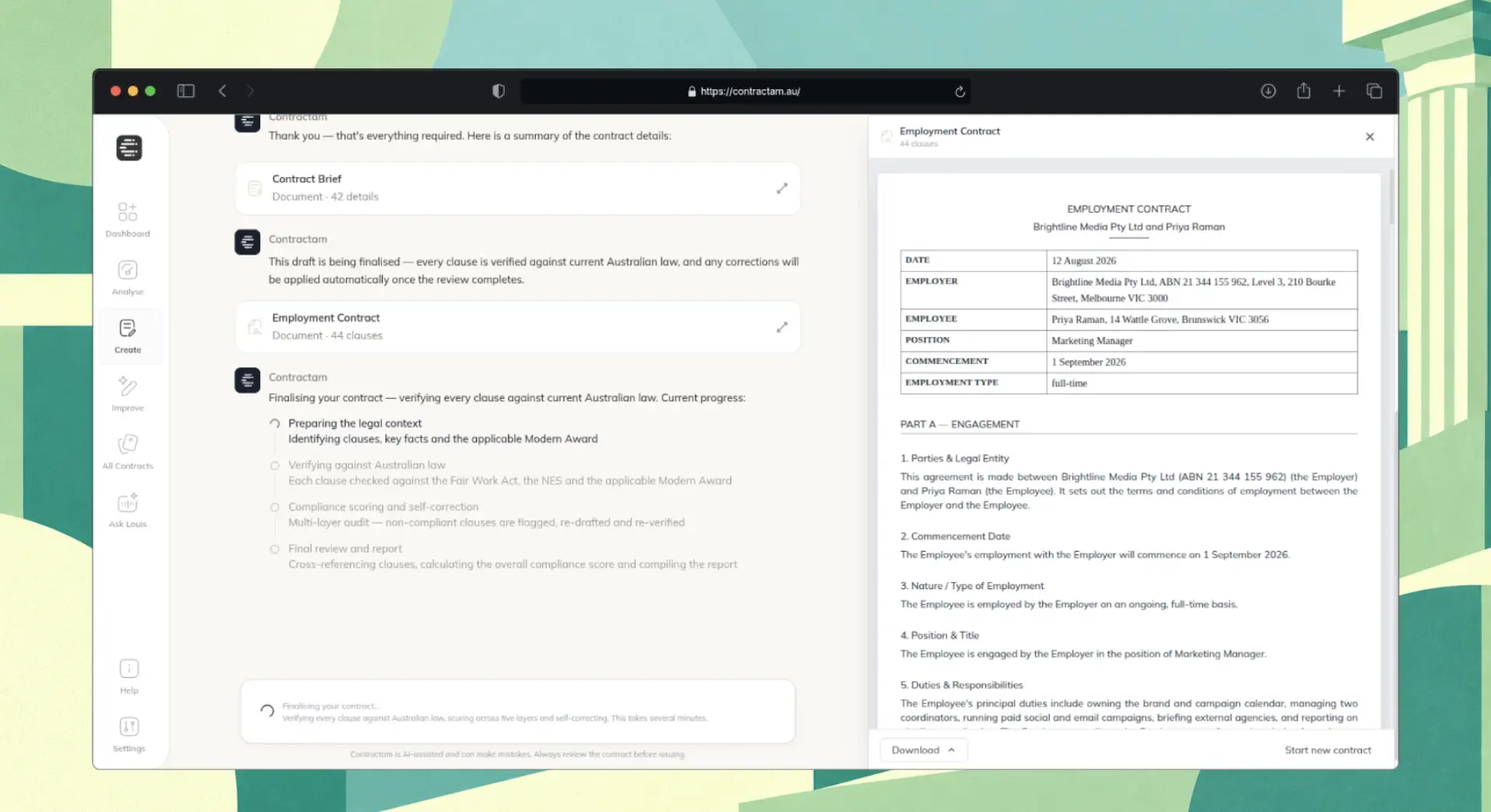 The Contractam dashboard: contracts drafted, analysed and improved against current Australian law