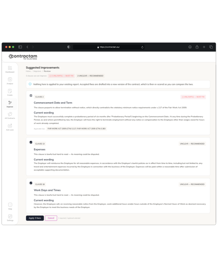 AI contract improvement - original clause and suggested rewrite side by side