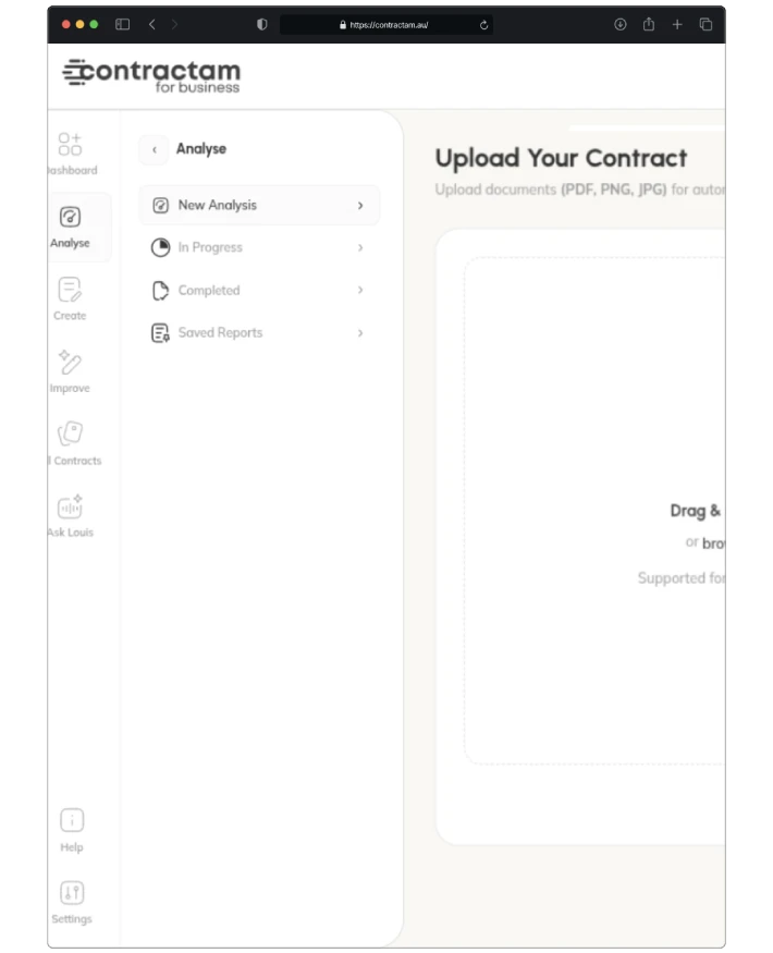 Uploading a PDF or Word contract to Contractam for analysis