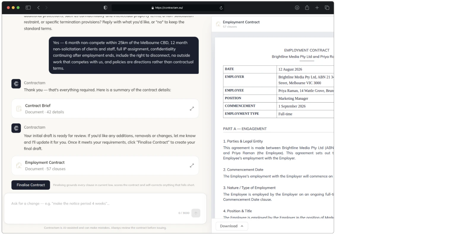 A complete drafted contract shown beside the Louis AI chat