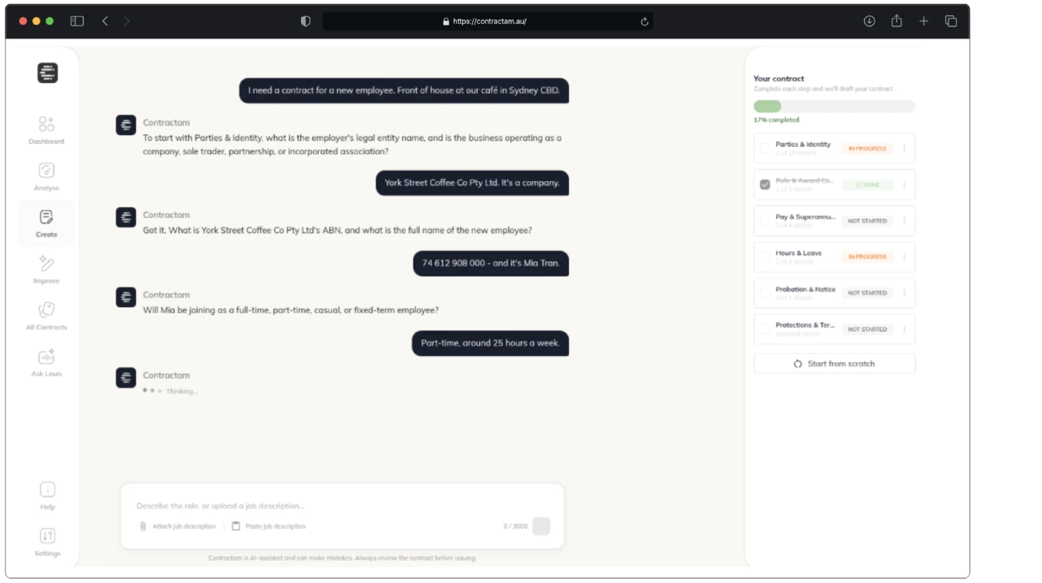 Contractam AI contract drafting dashboard