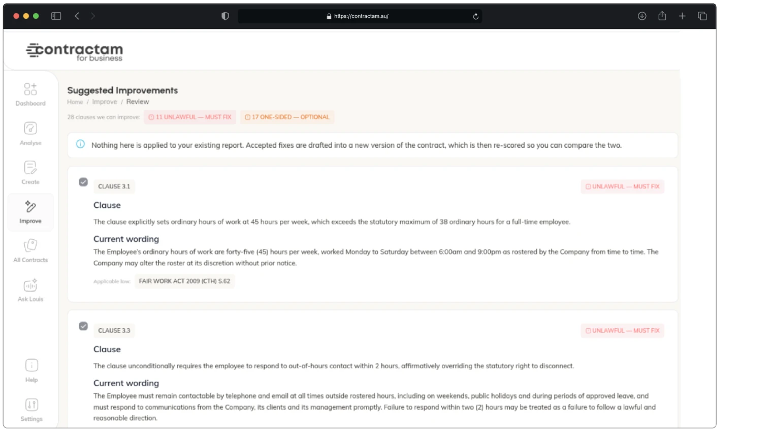 Contractam AI contract improvement dashboard