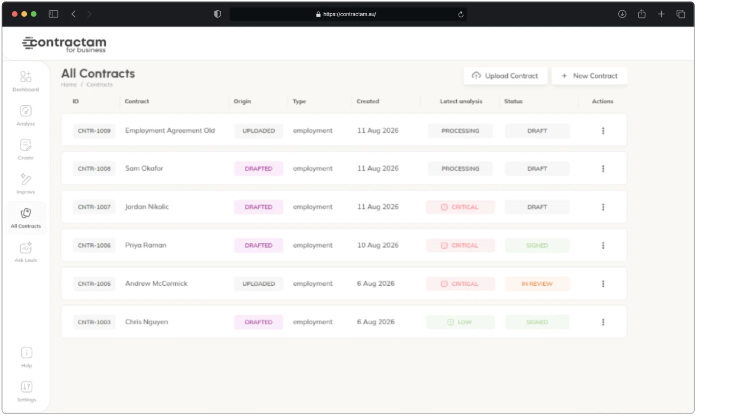 Contractam AI contract drafting dashboard