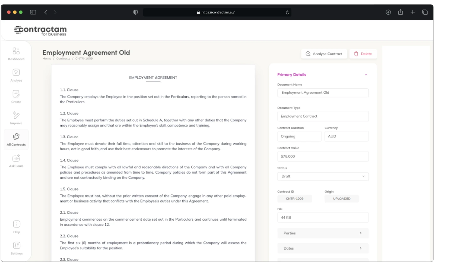 Contractam contract view showing an employment agreement clause by clause with its details extracted into fields