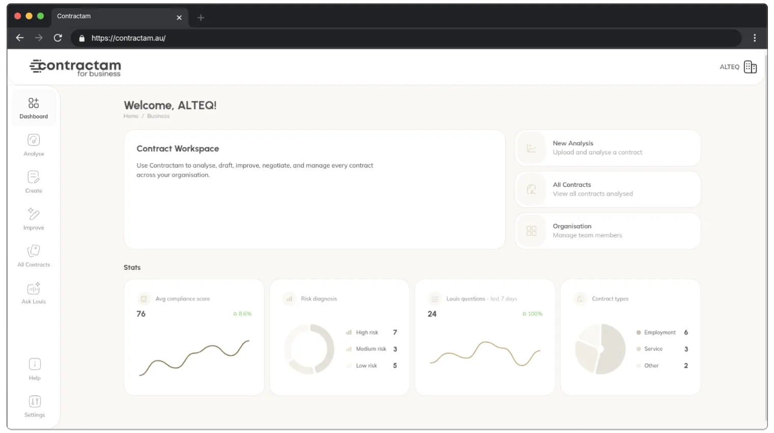 Contractam AI contract drafting dashboard