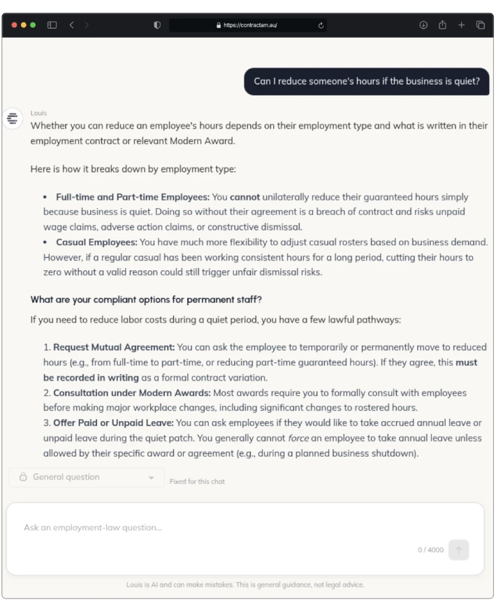 Louis answering a general employment-law question about reducing hours in a quiet period, with no contract attached to the chat