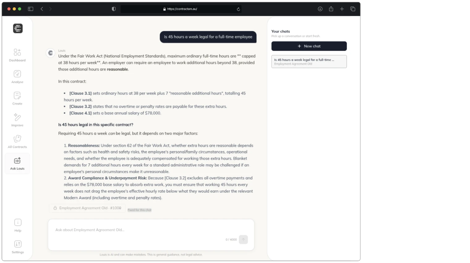 The Ask Louis chat in Contractam, answering whether 45 hours a week is legal by citing clauses 3.1, 3.2 and 4.1 of the employment agreement