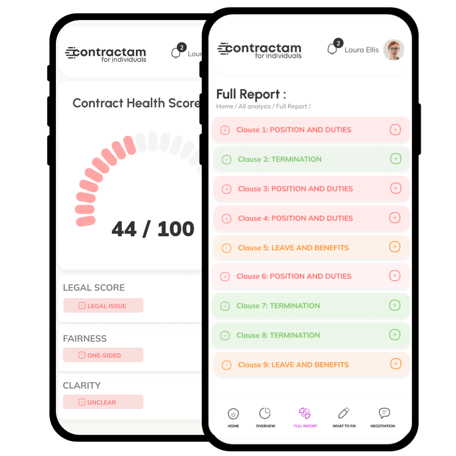 Contractam app showing contract analysis on mobile and desktop